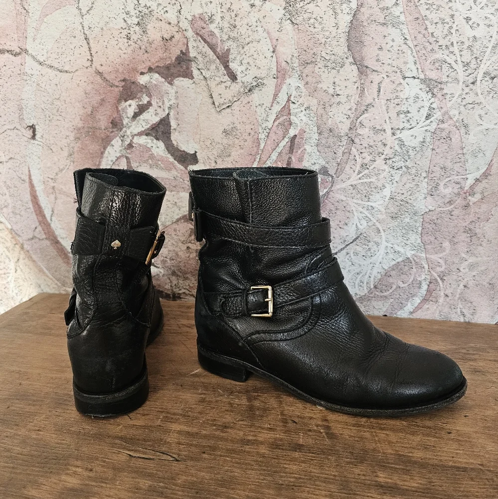 Kate Spade Sabina Pebbled Calfskin Black Leather Ankle Boots with Buckles